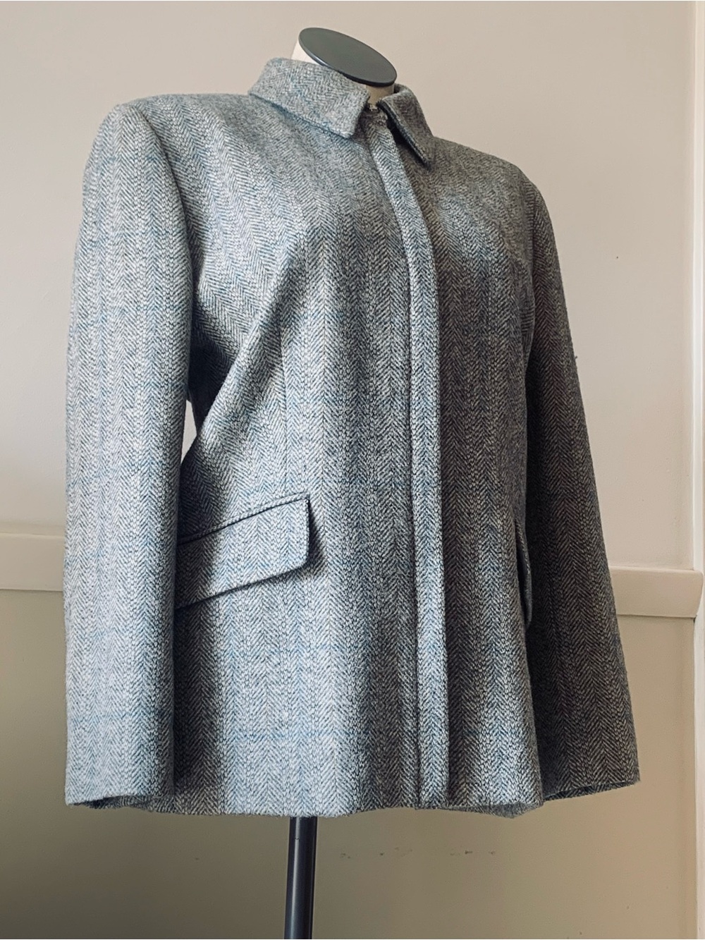 Wool Ralph Lauren Gray Herringbone Zip-Front Blazer Jacket - Picture 2 of 7